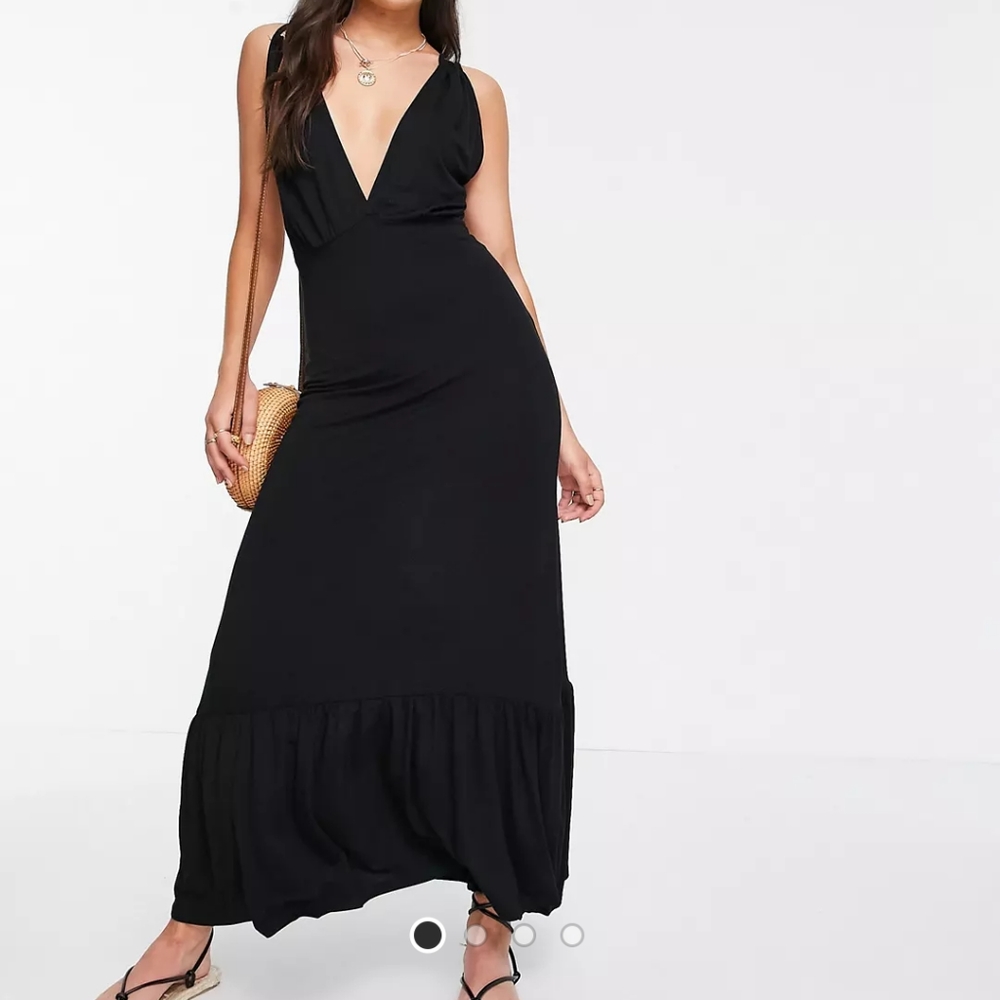 Pieces plunge neck tiered hem black dress